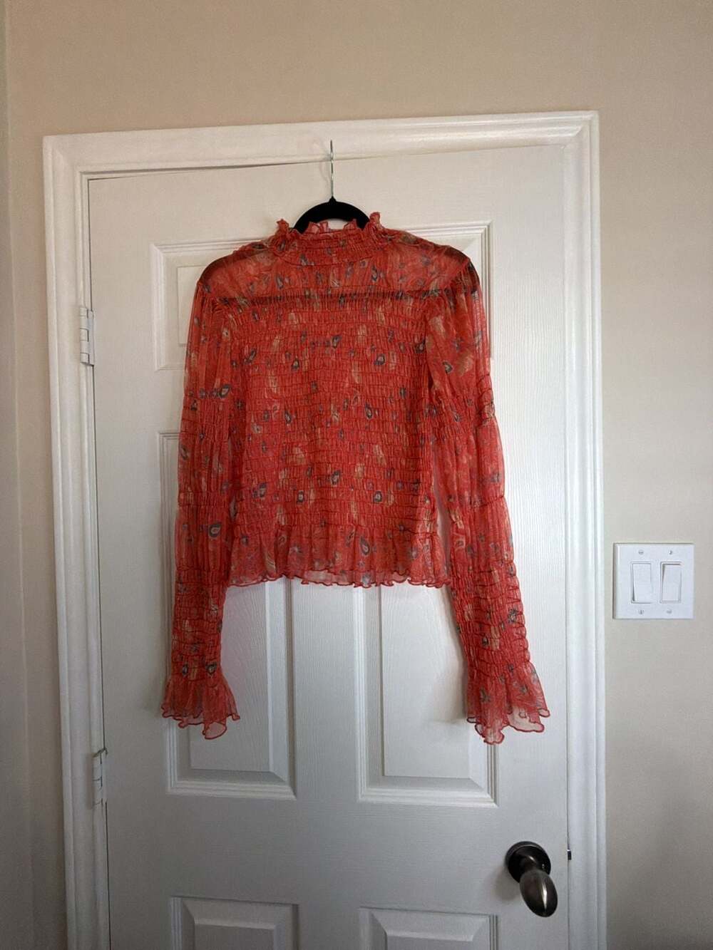 Free People Hello There Top Size L Red Floral Mesh Mock Neck Blouse